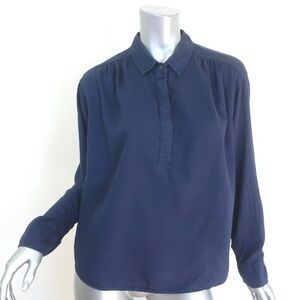 Xirena Womens Cotton Collared Long Sleeve Round Hem Top Solid Navy Size M